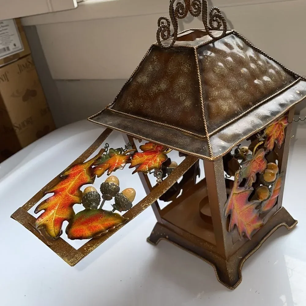 Vintage look Autumn Fall leave &‎ acorns tin metal lantern look candle holder